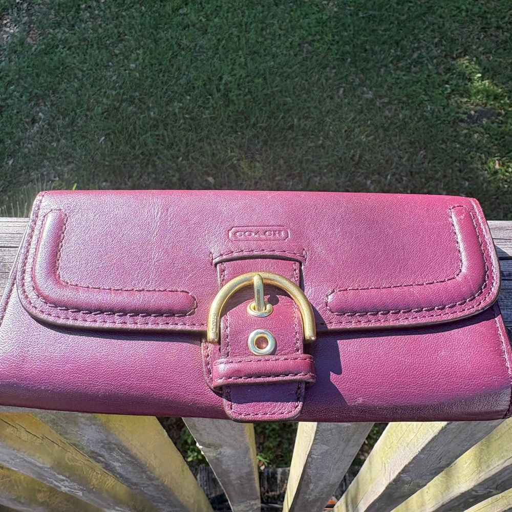 Coach Plum Leather Buckle Clutch Wallet — Gold Hardware